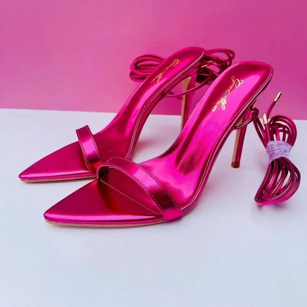 Women’s Metallic Pink Lace-Up Stiletto Heels Sexy Party Shoes Size 7